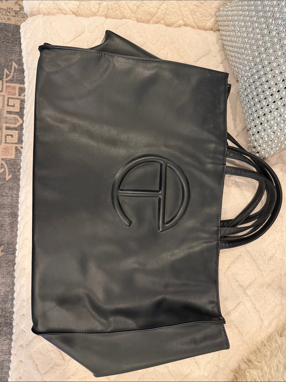Black Leather Tote Bag with Embossed Logo